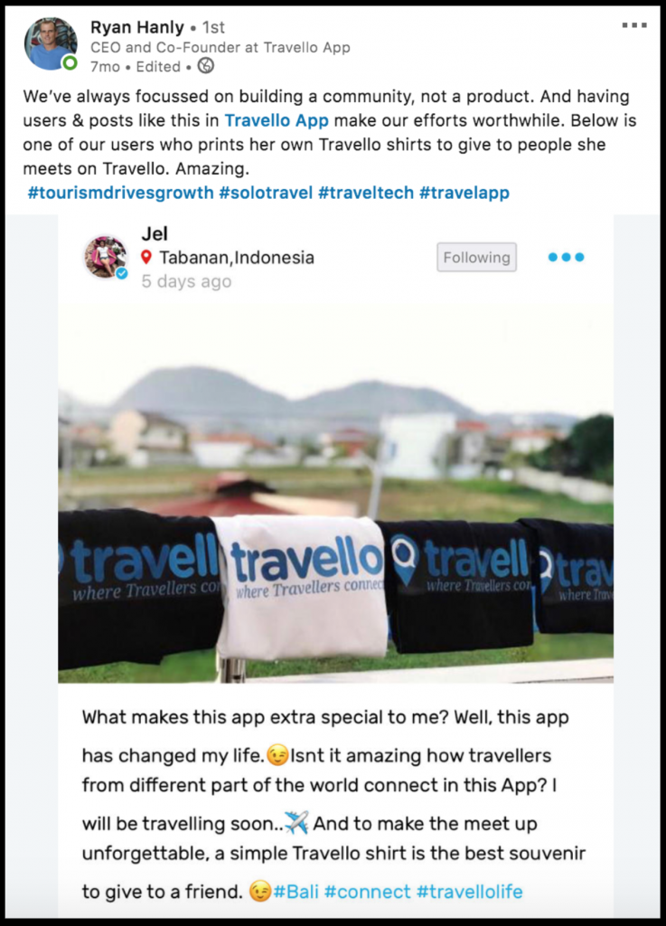 Ryan Hanly shares a post on Linkedin about a user who creates her own Travello shirts to give to other Travello users she meets on the app. 